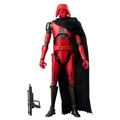Figura de ação de guerreiro futurista vermelho e preto com capa e arma