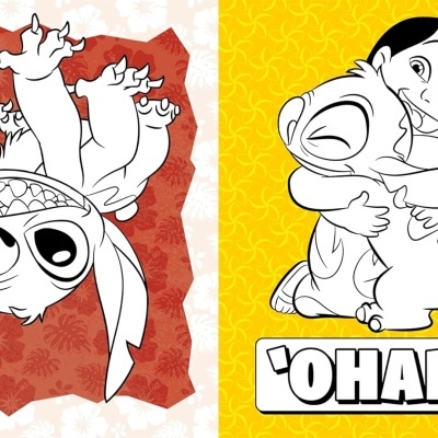 Personagens Lilo e Stitch em fundo vermelho e amarelo com texto OHANA
