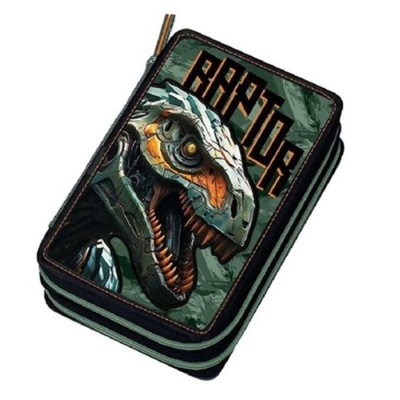 Estojo escolar com estampa de dinossauro raptor e palavra RAPTOR