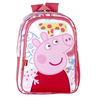 Mochila infantil rosa com desenho de porco e padrões coloridos