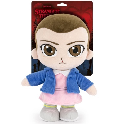 Boneca de pelúcia Stranger Things com casaco azul e vestido rosa