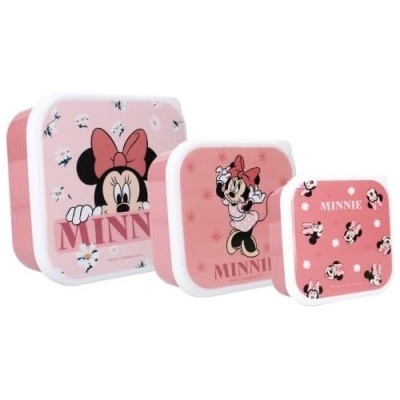 Conjunto de três caixas de metal com imagens da Minnie Mouse em rosa e branco