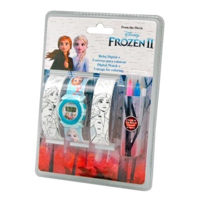 Relógio digital infantil Frozen II com braceletes para colorir na embalagem