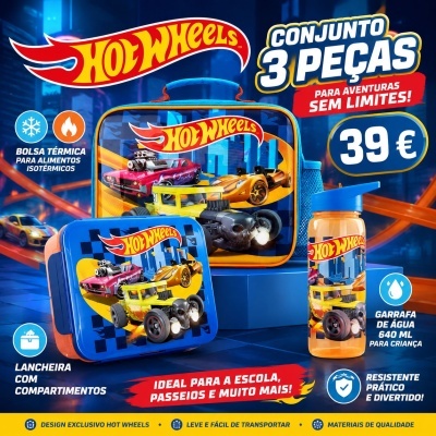 Conjunto Hot Wheels 3 peças com bolsa térmica, lancheira e garrafa azul com carros Hot Wheels e preço 39 €