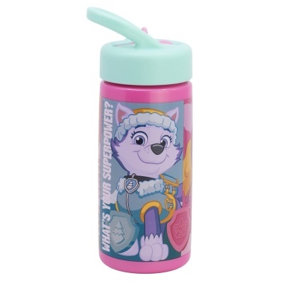 Garrafa plástica rosa com tampa azul clara e desenho de cão e texto impresso