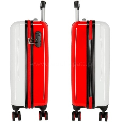 Mala rígida de viagem vermelha e branca com rodas e puxador telescópico