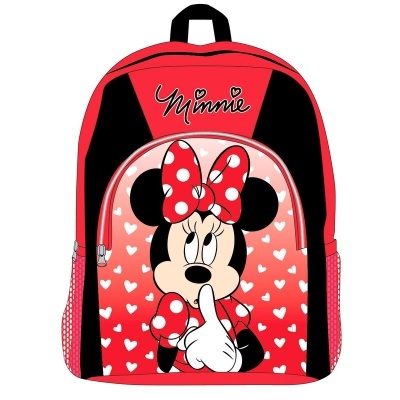 Mochila vermelha e preta com figura da Minnie e padrão de corações brancos