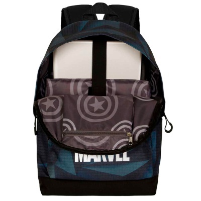 Mochila azul e preta com interior cinzento e texto Marvel