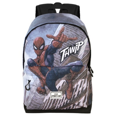 Mochila com estampa do Homem-Aranha e texto THWIP