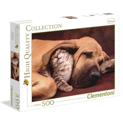 Puzzle 500 peças Clementoni com cão e gato a dormir juntos