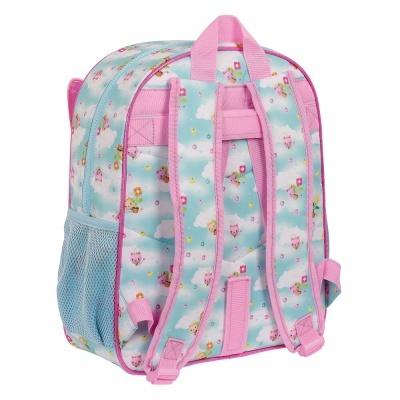 Mochila infantil azul com desenhos coloridos e alças rosas