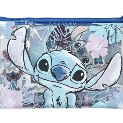 Necessaire transparente com estampa do personagem Stitch e folhas e flores.