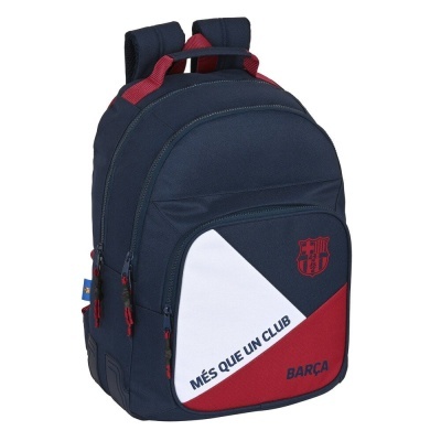 Mochila do FC Barcelona azul escura com detalhes em vermelho e branco e texto MÉS QUE UN CLUB.