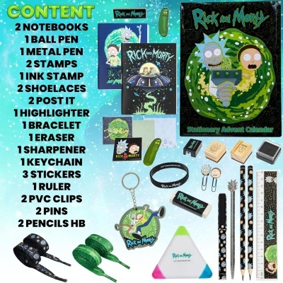 Material escolar Rick and Morty com cadernos, canetas, carimbos, atacadores, notas autocolantes, marcador, pulseira, borracha, afiador, porta-chaves, autocolantes, régua, clips, pins e lápis