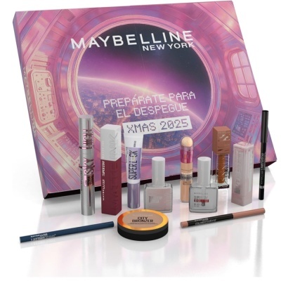 Conjunto de maquilhagem Maybelline New York com vários produtos frente a caixa roxa com texto PREPÁRATE PARA EL DESPEGUE XMAS 2025
