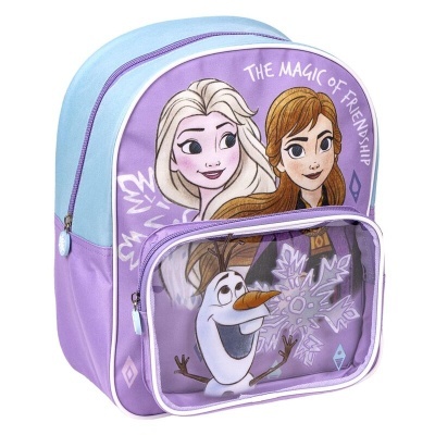 mochila infantil lilás e azul com personagens de Frozen e bolso frontal transparente