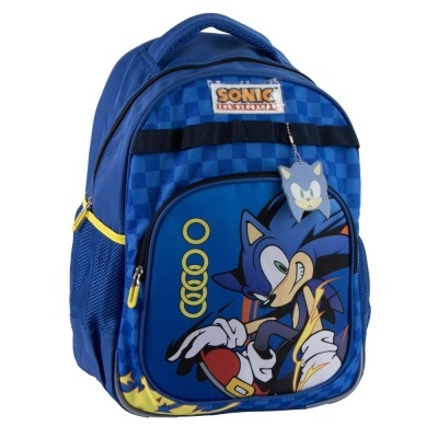 Mochila azul com imagem do Sonic e detalhes amarelos.