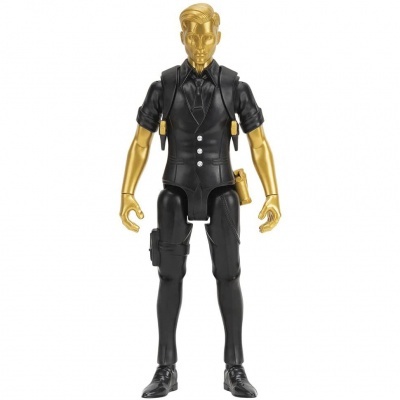 Figura de ação masculina dourada e preta com colete e gravata