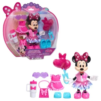 Conjunto de boneca Minnie Disney com acessórios coloridos em rosa, azul e roxo