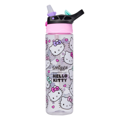 Garrafa de água Hello Kitty transparente com tampa rosa e bico roxo