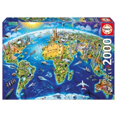 Puzzle EDUCA 2000 peças mapa mundi colorido e ilustrativo
