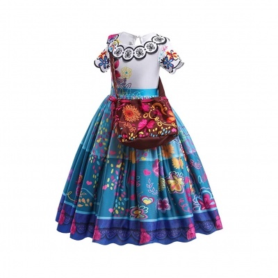 Vestido infantil colorido com estampa floral e bolsa marrom
