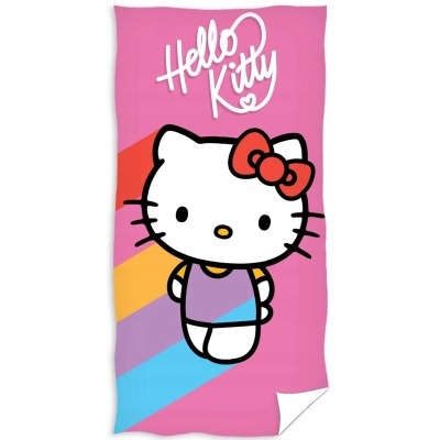 Toalha rosa com desenho da Hello Kitty e texto Hello Kitty
