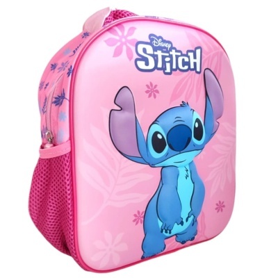 Mochila rosa infantil com estampa de Stitch e bolso lateral de rede