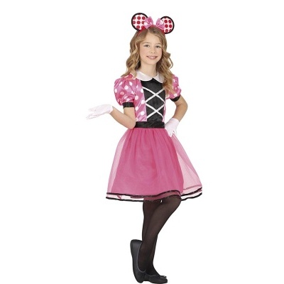 Fato infantil feminino rosa inspirado na Minnie Mouse com orelhas, luvas e meias pretas