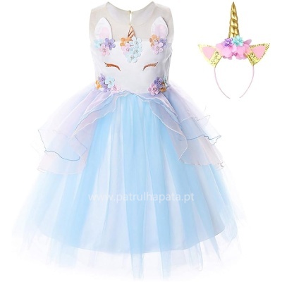 Vestido de unicórnio azul claro com tiara de chifre dourado