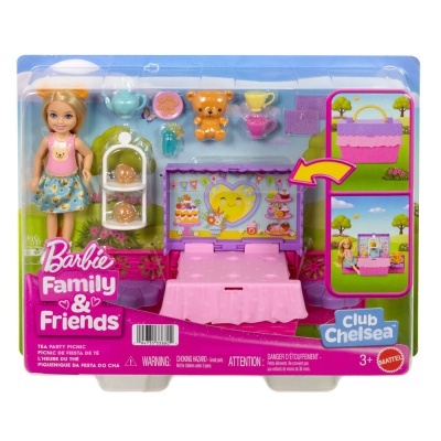 Conjunto Barbie Family & Friends Club Chelsea com mini doll, acessórios de chá e cenário festivo.