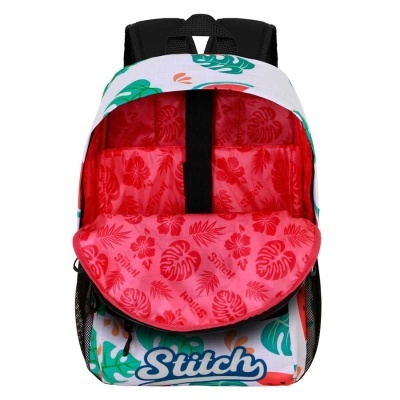 Mochila com padrão colorido de folhas e logo Stitch, interior vermelho com padrão floral