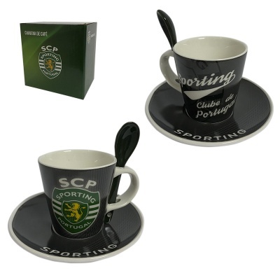 Conjunto de chávena de café do Sporting com colher e prato preto cinzento com texto Sporting