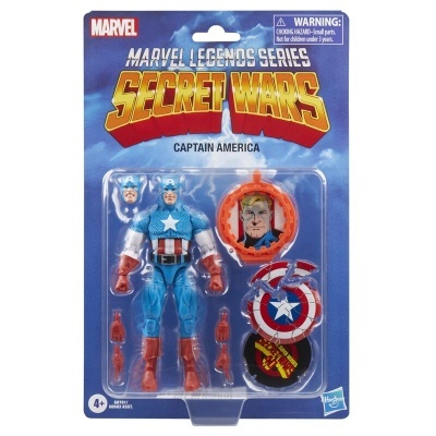 Figura ação Captain America Marvel Legends Secret Wars com acessórios em embalagem azul.