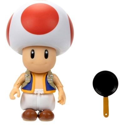 Figura de ação do Toad com chapéu branco e vermelho, colete azul, calças brancas, sapatos castanhos, e uma frigideira preta