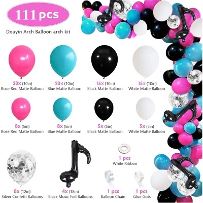 Kit de arco de balões coloridos com 111 peças incluindo balões coloridos, balões de confete, balões foil pretos em forma de nota musical e acessórios para montagem