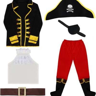 Fato de pirata com casaco preto, calças vermelhas, top branco, cinto castanho, tapa-olho e chapéu com caveira.