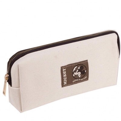 Estojo bege com zíper castanho e etiqueta de Mickey Mouse