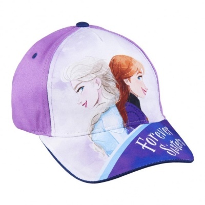 Boné infantil roxo e branco com personagens Elsa e Anna e texto 'Forever Sisters'