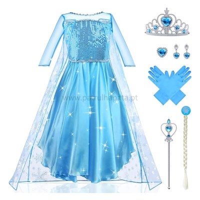 Conjunto de vestido azul com capa transparente de flocos de neve, tiara, brincos, luvas, cetro e trança sintética.