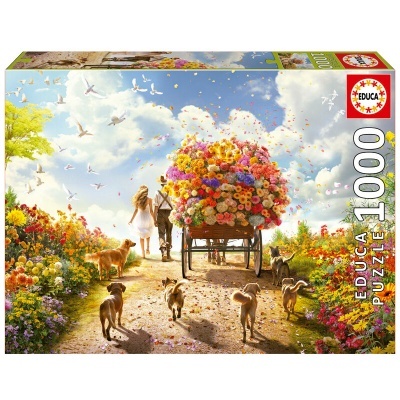 Caixa de puzzle Educa 1000 peças com caminho de terra e carrinho de flores coloridas com pessoas e cães