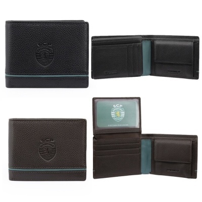 Carteiras masculinas de pele preta e castanha com símbolo SCP em relevo e interior azul esverdeado.