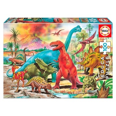 Caixa de puzzle EDUCA com dinossauros e vulcão em fundo colorido.