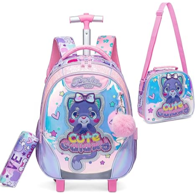 Conjunto mochila com carrinho, lancheira e estojo rosa e lilás com estampa de gato e corações