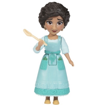 Figura de brinquedo mulher com vestido azul claro e avental segurando colher de pau