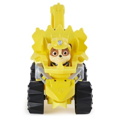 Brinquedo de veículo amarelo com figura de cão e pneus pretos