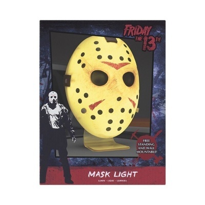 Máscara amarela tipo hockey em embalagem com texto Friday the 13th