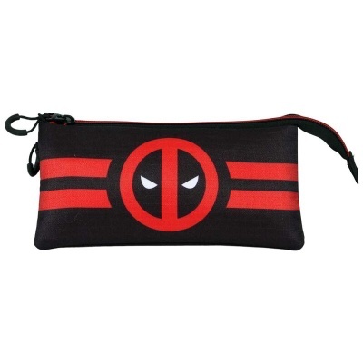 Estojo preto com padrão vermelho e símbolo Deadpool