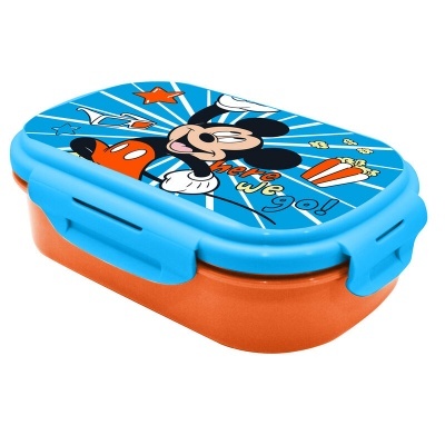 Caixa de plástico para lanche com imagem do Mickey Mouse e texto 'here we go!'.