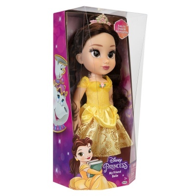 Boneca Disney Princess Belle com vestido amarelo em caixa roxa